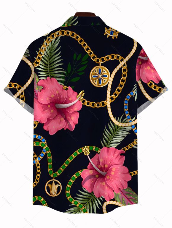 Vacation Couple Outfit Gold Chain Tropical Hibiscus Floral Palm Leaf Print Spaghetti Strap Bodycon Dress and Shirt Set - Noir S | US 4
