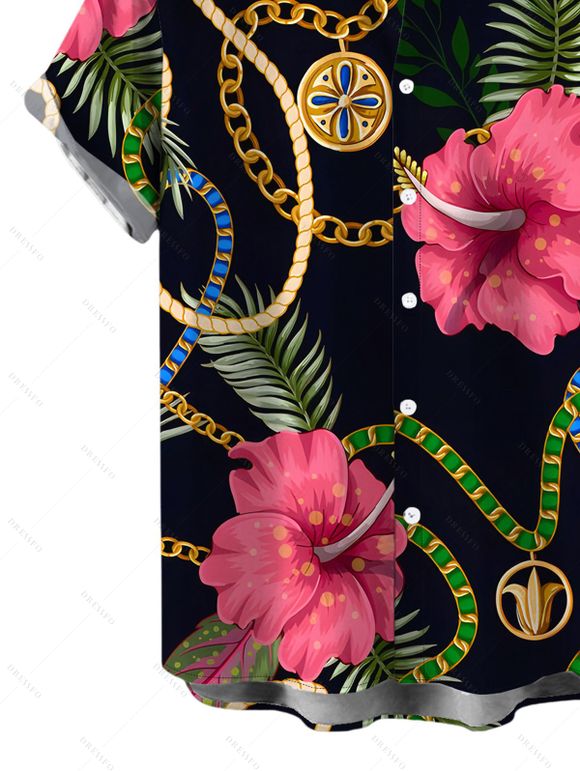 Vacation Couple Outfit Gold Chain Tropical Hibiscus Floral Palm Leaf Print Spaghetti Strap Bodycon Dress and Shirt Set - Noir S | US 4