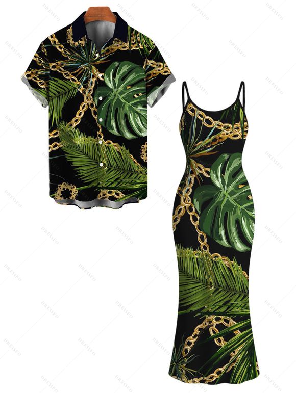 Beach Vacation Couple Outfit Golden Chain Monstera Leaf Print Spaghetti Strap Bodycon Maxi Dress and Shirt Set - Noir S | US 4
