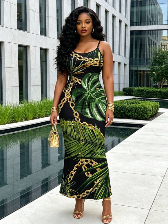 Beach Vacation Couple Outfit Golden Chain Monstera Leaf Print Spaghetti Strap Bodycon Maxi Dress and Shirt Set - Noir S | US 4