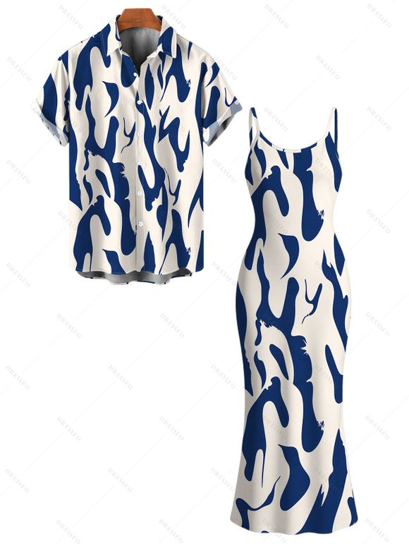 Vacation Couple Outfit Contrast Color Ink Wash Irregular Brush Stroke Print Spaghetti Strap Bodycon Dress and Shirt Set - Bleu profond S | US 4