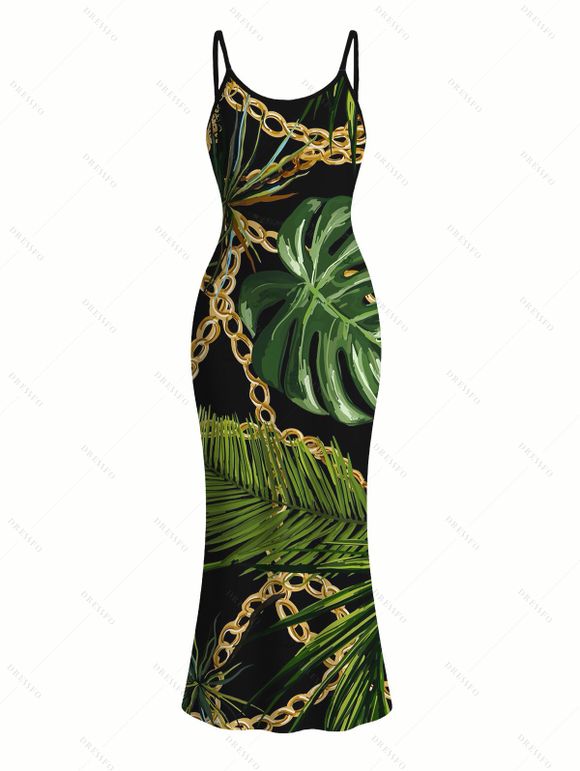 Beach Vacation Couple Outfit Golden Chain Monstera Leaf Print Spaghetti Strap Bodycon Maxi Dress and Shirt Set - Noir S | US 4