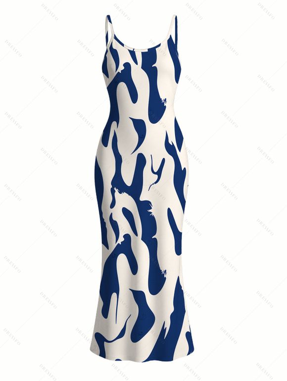 Vacation Couple Outfit Contrast Color Ink Wash Irregular Brush Stroke Print Spaghetti Strap Bodycon Dress and Shirt Set - Bleu profond S | US 4