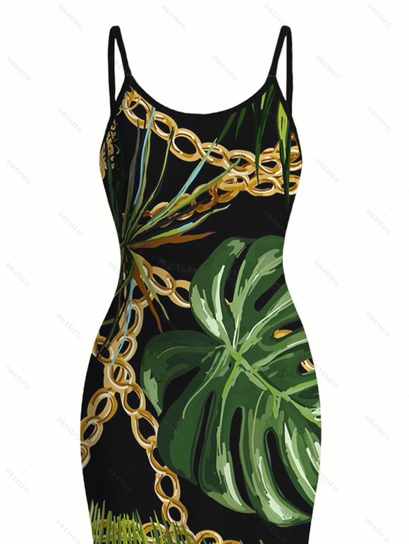 Beach Vacation Couple Outfit Golden Chain Monstera Leaf Print Spaghetti Strap Bodycon Maxi Dress and Shirt Set - Noir S | US 4