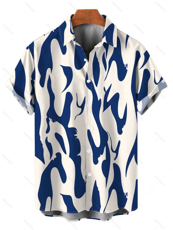 Vacation Couple Outfit Contrast Color Ink Wash Irregular Brush Stroke Print Spaghetti Strap Bodycon Dress and Shirt Set - Bleu profond S | US 4