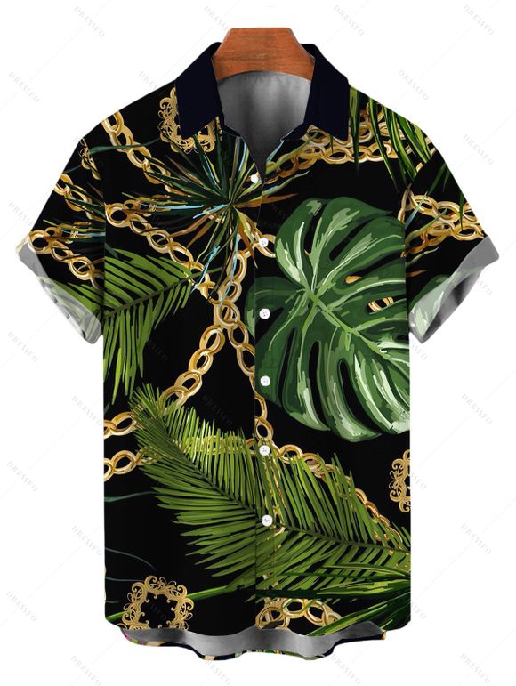 Beach Vacation Couple Outfit Golden Chain Monstera Leaf Print Spaghetti Strap Bodycon Maxi Dress and Shirt Set - Noir S | US 4