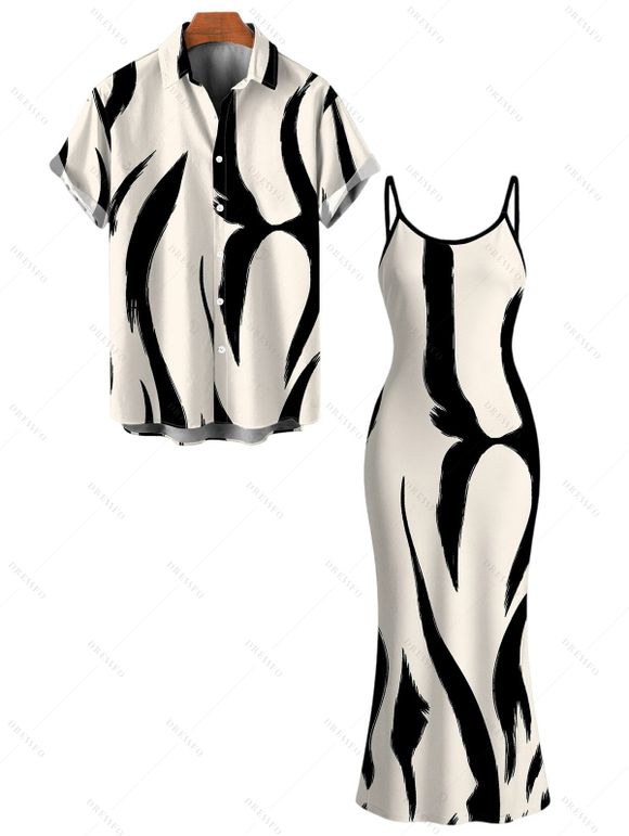 Vacation Couple Outfit Contrast Color Ink Wash Irregular Brush Stroke Print Spaghetti Strap Bodycon Dress and Shirt Set - Noir S | US 4
