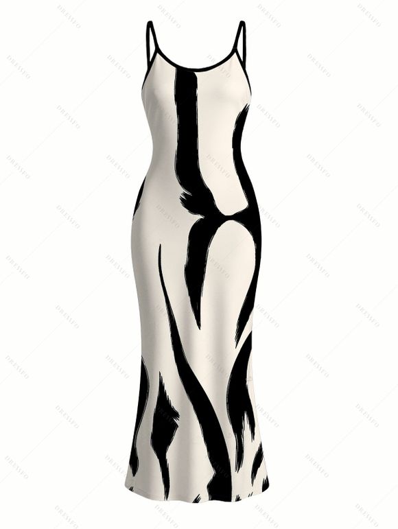 Vacation Couple Outfit Contrast Color Ink Wash Irregular Brush Stroke Print Spaghetti Strap Bodycon Dress and Shirt Set - Noir S | US 4
