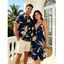 Vacation Couple Outfit Lily Floral Print Cut Out Plunging Neck Tired Flowy Dress and Shirt Set - Bleu de Minuit S | US 4
