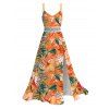 Vacation for Beach Dress Tropical Hibiscus Floral Monstera Leaf Print Lace Hollow Out Slit Dress - Orange XL | US 12