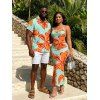 Vacation Couple Outfit Colorblock Hibiscus Floral Print Spaghetti Strap Bodycon Dress and Shirt Set - ORANGE S | US 4