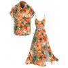 Vacation for Beach Couple Outfit Tropical Hibiscus Floral Monstera Leaf Print Lace Hollow Out Slit Dress and Shirt Set - Orange S | US 4
