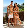 Vacation for Beach Couple Outfit Tropical Hibiscus Floral Monstera Leaf Print Lace Hollow Out Slit Dress and Shirt Set - Orange S | US 4