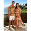 Vacation for Beach Couple Outfit Tropical Hibiscus Floral Monstera Leaf Print Lace Hollow Out Slit Dress and Shirt Set - Orange S | US 4