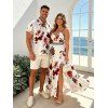 Vacation Couple Outfit Gradient Autumn Leaf Pattern Lace Hollow Out Slit Dress and Shirt Set - Abricot S | US 4