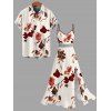 Vacation Couple Outfit Gradient Autumn Leaf Pattern Lace Hollow Out Slit Dress and Shirt Set - Abricot S | US 4
