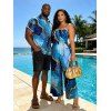 Vacation Couple Outfit Colorblock Marbled Sequined Printed Bowknot Pocket Off the Shoulder Jumpsuit and Shirt Set - Bleu S | US 4