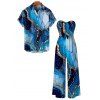Vacation Couple Outfit Colorblock Marbled Sequined Printed Bowknot Pocket Off the Shoulder Jumpsuit and Shirt Set - Bleu S | US 4