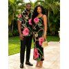 Vacation Couple Outfit Gold Chain Tropical Hibiscus Floral Palm Leaf Print Spaghetti Strap Bodycon Dress and Shirt Set - Noir S | US 4