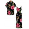 Vacation Couple Outfit Gold Chain Tropical Hibiscus Floral Palm Leaf Print Spaghetti Strap Bodycon Dress and Shirt Set - Noir S | US 4