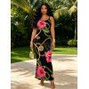 Vacation Couple Outfit Gold Chain Tropical Hibiscus Floral Palm Leaf Print Spaghetti Strap Bodycon Dress and Shirt Set - Noir S | US 4