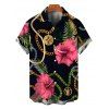 Vacation Couple Outfit Gold Chain Tropical Hibiscus Floral Palm Leaf Print Spaghetti Strap Bodycon Dress and Shirt Set - Noir S | US 4