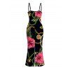 Vacation Couple Outfit Gold Chain Tropical Hibiscus Floral Palm Leaf Print Spaghetti Strap Bodycon Dress and Shirt Set - Noir S | US 4