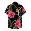 Vacation Couple Outfit Gold Chain Tropical Hibiscus Floral Palm Leaf Print Spaghetti Strap Bodycon Dress and Shirt Set - Noir S | US 4