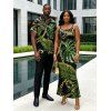 Beach Vacation Couple Outfit Golden Chain Monstera Leaf Print Spaghetti Strap Bodycon Maxi Dress and Shirt Set - Noir S | US 4