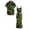 Beach Vacation Couple Outfit Golden Chain Monstera Leaf Print Spaghetti Strap Bodycon Maxi Dress and Shirt Set - Noir S | US 4