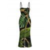 Beach Vacation Couple Outfit Golden Chain Monstera Leaf Print Spaghetti Strap Bodycon Maxi Dress and Shirt Set - Noir S | US 4