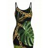 Beach Vacation Couple Outfit Golden Chain Monstera Leaf Print Spaghetti Strap Bodycon Maxi Dress and Shirt Set - Noir S | US 4