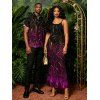 Vacation Couple Outfit Ombre Rhinestone Curve Line Print Spaghetti Strap Bodycon Dress and Shirt Set - Noir S | US 4