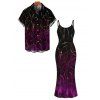 Vacation Couple Outfit Ombre Rhinestone Curve Line Print Spaghetti Strap Bodycon Dress and Shirt Set - Noir S | US 4