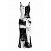 Vacation Couple Outfit Monochrome Distressed Ink Geometric Print Spaghetti Strap Bodycon Dress and Shirt Set - Noir S | US 4