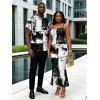 Vacation Couple Outfit Monochrome Distressed Ink Geometric Print Spaghetti Strap Bodycon Dress and Shirt Set - Noir S | US 4