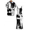 Vacation Couple Outfit Monochrome Distressed Ink Geometric Print Spaghetti Strap Bodycon Dress and Shirt Set - Noir S | US 4