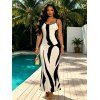 Vacation Couple Outfit Contrast Color Ink Wash Irregular Brush Stroke Print Spaghetti Strap Bodycon Dress and Shirt Set - Noir S | US 4