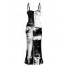 Vacation Dress Monochrome Distressed Ink Geometric Print Spaghetti Strap Bodycon Dress - Noir XXL | US 14