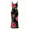 Vacation Dress Gold Chain Tropical Hibiscus Floral Palm Leaf Print Spaghetti Strap Bodycon Dress - Noir XXL | US 14