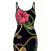 Vacation Dress Gold Chain Tropical Hibiscus Floral Palm Leaf Print Spaghetti Strap Bodycon Dress - Noir XXL | US 14
