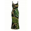 Beach Vacation Dress Golden Chain Monstera Leaf Print Spaghetti Strap Bodycon Maxi Dress - Noir XXL | US 14
