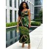 Beach Vacation Dress Golden Chain Monstera Leaf Print Spaghetti Strap Bodycon Maxi Dress - Noir XXL | US 14