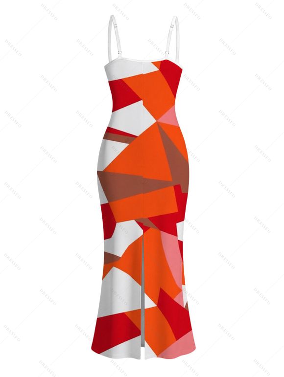 Vacation Dress Vintage Colorblock Geometric Print Spaghetti Strap Bodycon Dress - Orange vif XXL | US 14