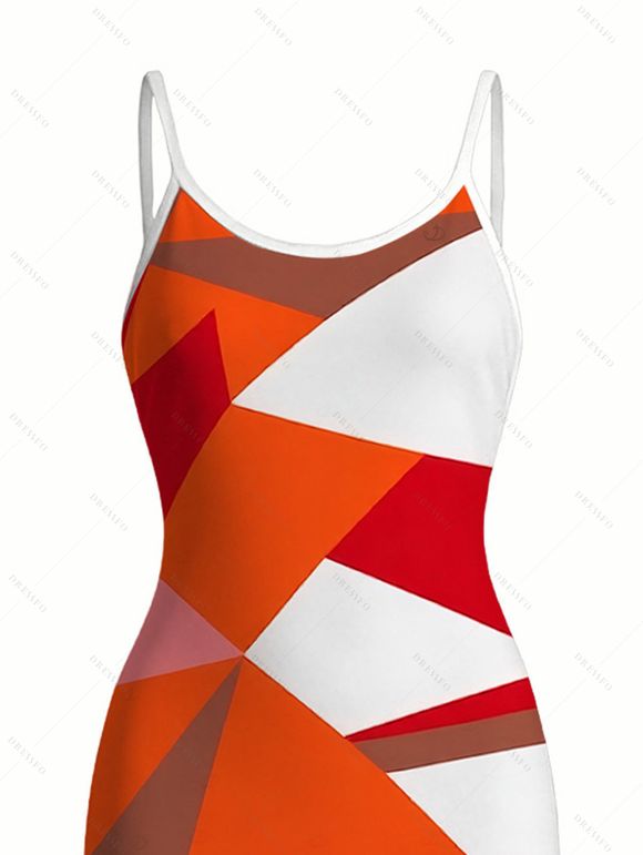 Vacation Dress Vintage Colorblock Geometric Print Spaghetti Strap Bodycon Dress - Orange vif XXL | US 14