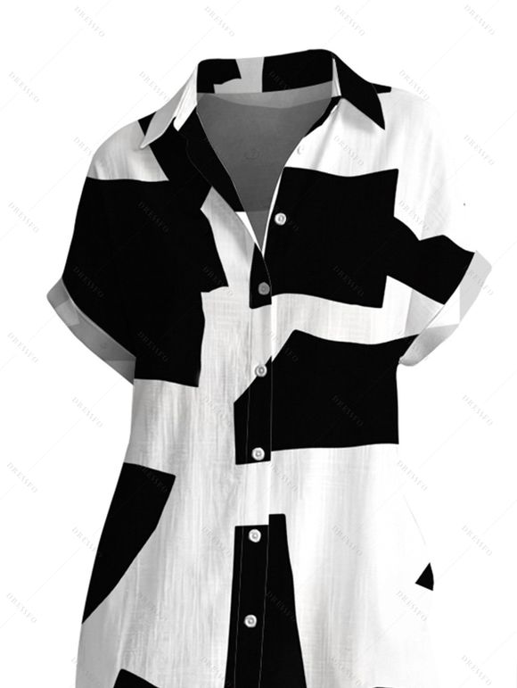 Casual Shirt Dress Monochrome Irregular Geometric Print Button Up Pocket Curved Hem Dress - Noir XXL | US 14