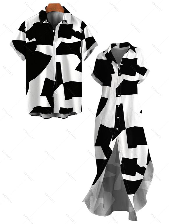 Casual Couple Outfit Monochrome Irregular Geometric Print Button Up Pocket Curved Hem Shirt Dress and Shirt Set - Noir S | US 4