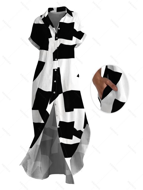 Casual Couple Outfit Monochrome Irregular Geometric Print Button Up Pocket Curved Hem Shirt Dress and Shirt Set - Noir S | US 4