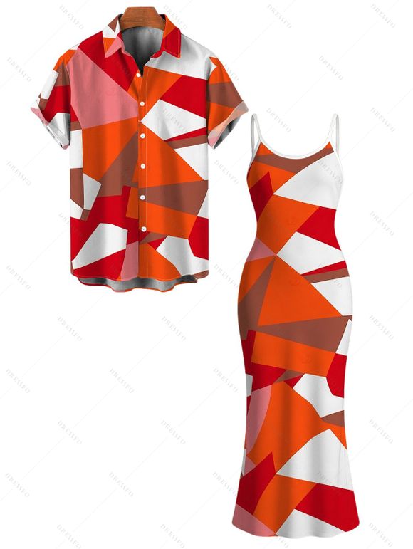 Vacation Couple Outfit Vintage Colorblock Geometric Print Spaghetti Strap Bodycon Dress and Shirt Set - Orange vif S | US 4