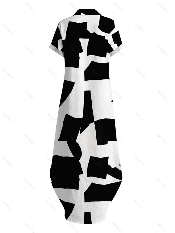 Casual Couple Outfit Monochrome Irregular Geometric Print Button Up Pocket Curved Hem Shirt Dress and Shirt Set - Noir S | US 4